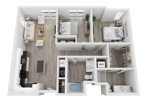 Floor plan for 2 beds, 2 baths, 1076 sqft